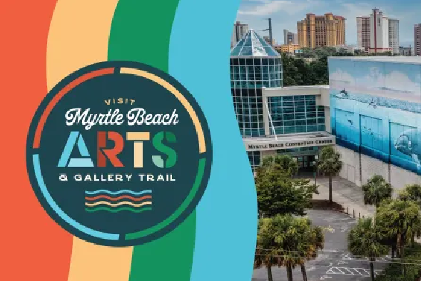 image of ocean mural at mb convention center with myrtle beach arts and gallery trail logo
