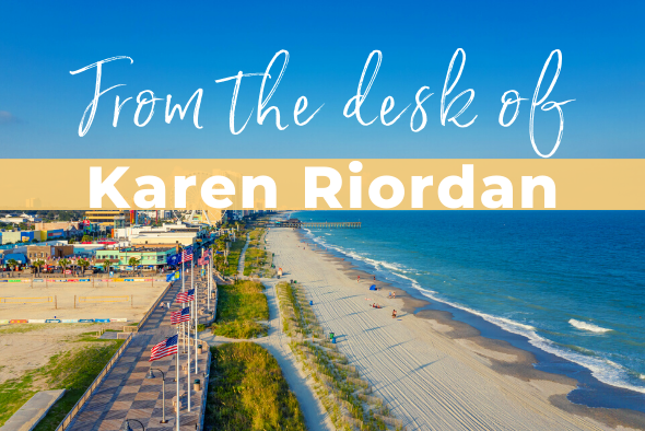beach skyline with words reading from the desk of karen riordan