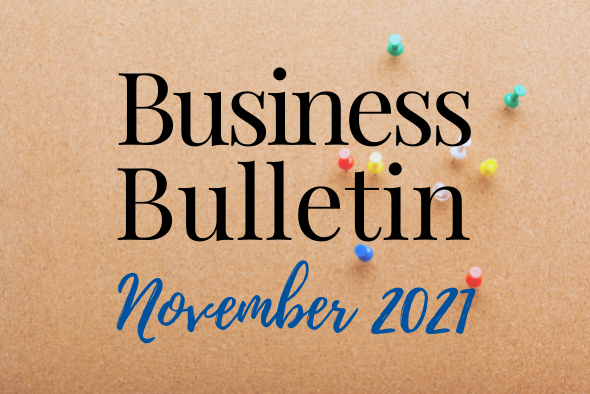 business bulletin november 2021, blue and yellow wave lines