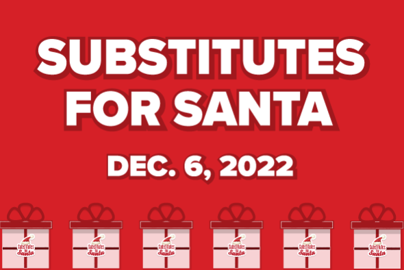 present boxes with red bows and the substitutes for santa logo