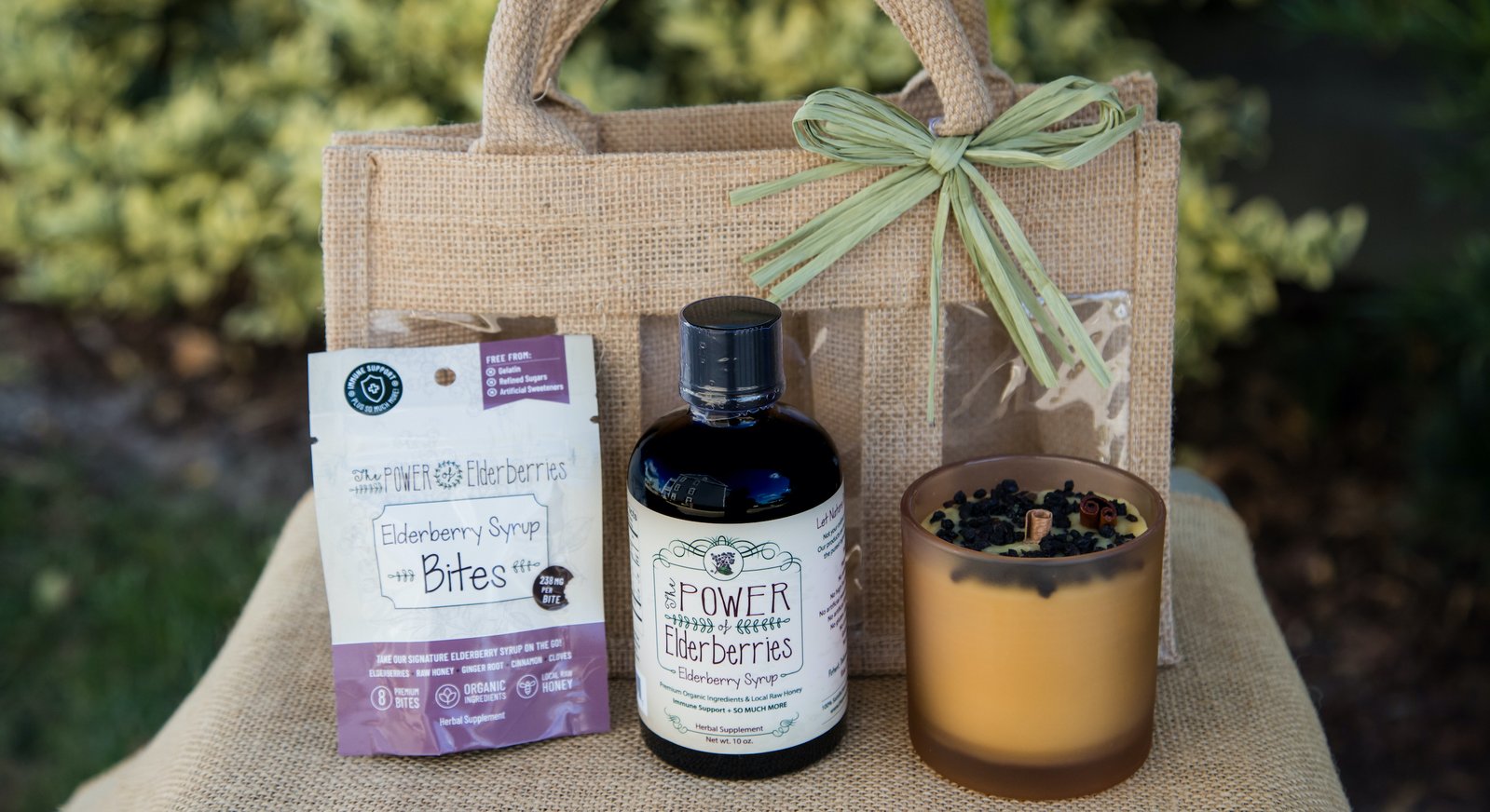 POWER of Elderberry products with brown gift bag