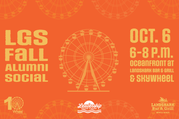 graphic with repeating ferris wheel against orange background with words saying LGS Fall alumni social